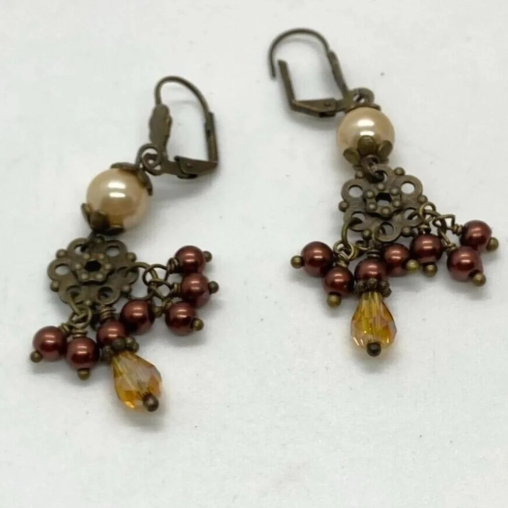 Vintage Style Dangle Earrings Pearl Bronze Brown Amber Leverback Fashion Jewelry